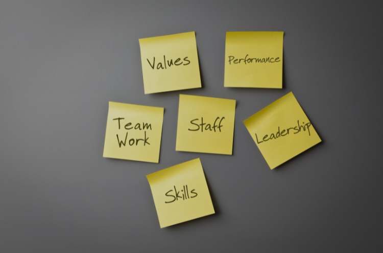 Yellow sticky notes arranged on a gray wall with handwritten words related to organizational change: "Values," "Performance," "Team Work," "Staff," "Leadership," and "Skills."