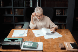 A senior Chief Knowledge Officer with glasses sitting at a desk in a library, carefully reviewing documents to manage and evaluate organizational knowledge.