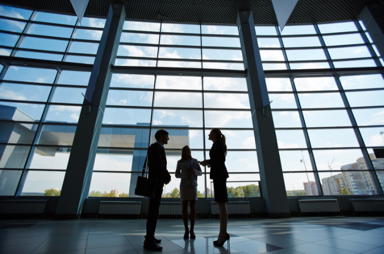 A Principal Consultant leading a team discussion in a high-rise corporate setting with large glass windows.