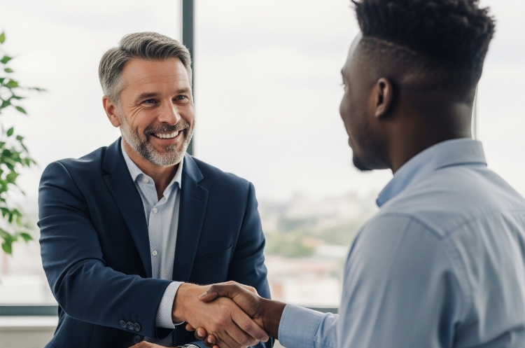 Two men in professional business attire shaking hands in a bright office, symbolizing career advancement and partnership.