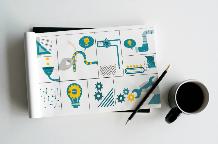 A notebook open on a white desk displays a grid of nine colorful, stylized, and abstract icons representing concepts of product development, engineering, and manufacturing. The illustrations include a funnel pouring coins, a lightbulb with a gear inside, a mechanical arm working on a pipe, a wrench working on gears, and a conveyor belt. To the right of the notebook is a black pencil and a black mug filled with dark coffee. The title of the file suggests the image is related to the role of a Chief Product Officer (CPO).