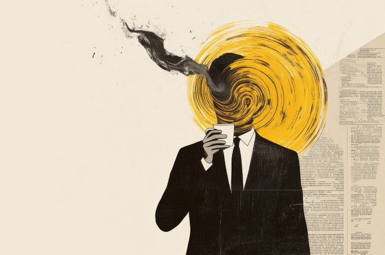 Overhead view of a notebook displaying a grid of nine colorful icons representing product development, engineering, and manufacturing processes, next to a pencil and a cup of coffee.