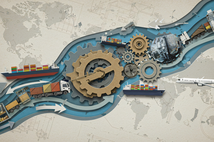Detailed 3D paper-cut illustration showing a complex Global Supply Chain Strategy, with logistics elements like ships, trucks, and planes moving across a world map background through large gears and industry assets.