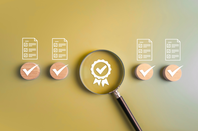 Chief Quality Officer reviewing quality standards and compliance checklist with magnifying glass and approval icons