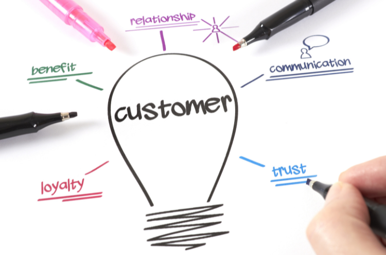 A conceptual hand-drawn diagram of a lightbulb with the word "customer" inside, surrounded by key business pillars: relationship, communication, trust, loyalty, and benefit. Several markers and a hand writing on the page suggest a brainstorming session for a customer experience strategy.