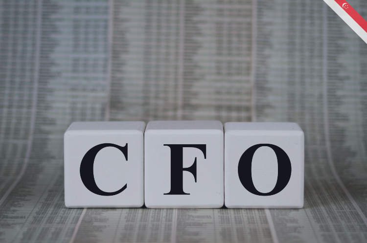 Three white blocks spelling out CFO against a financial newspaper background with a Singapore flag icon, representing Fractional CFO roles in Singapore.