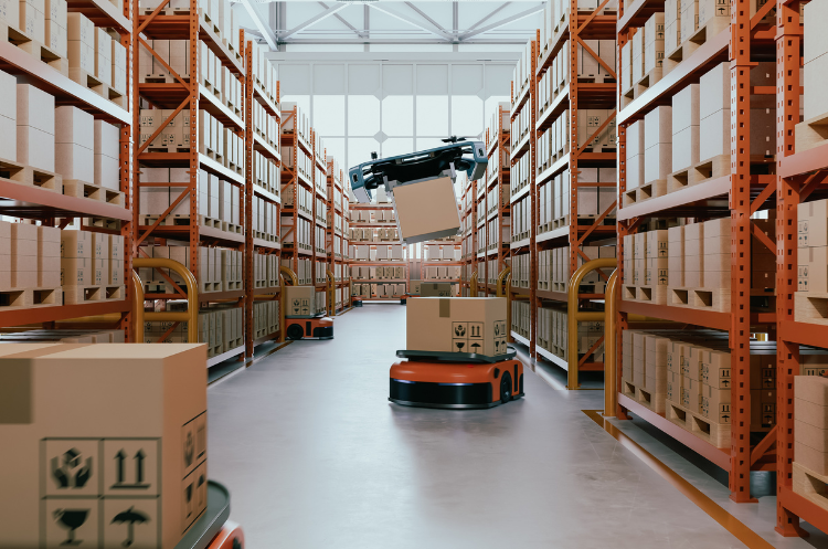Autonomous warehouse robots managing inventory and moving packages through a modern logistics distribution center with high storage racks and automated fulfillment systems.