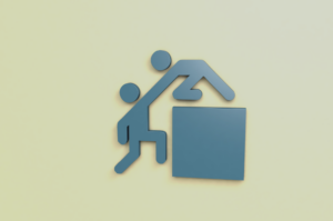 Illustration of a coach guiding a professional within a house-shaped framework, representing executive coaching, leadership development, mentoring, and career growth opportunities in Singapore.