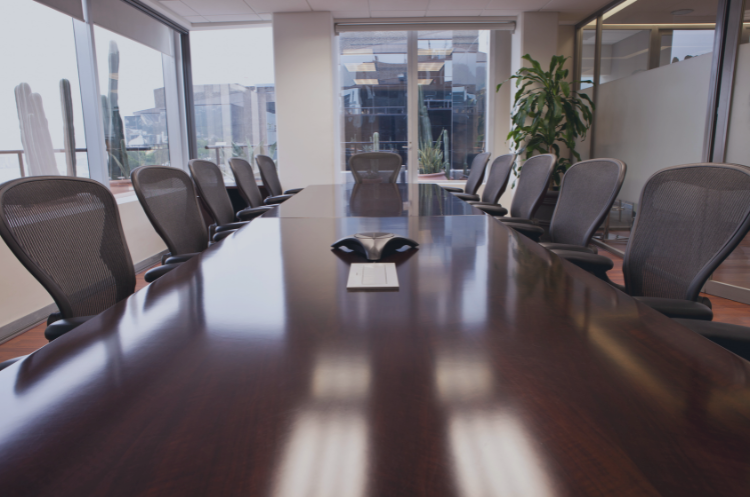 A modern corporate boardroom with a large conference table, office chairs, floor-to-ceiling windows, and indoor plants, overlooking a cityscape.